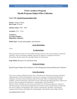 Skylab Program Subject Files Collection