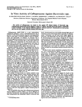 In Vitro Activity Ofcefbuperazone Against Bacteroides Spp