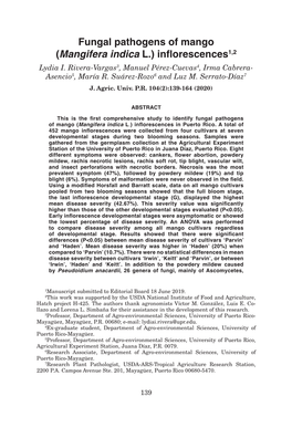 Fungal Pathogens of Mango (Mangifera Indica L.) Inflorescences1,2 Lydia I