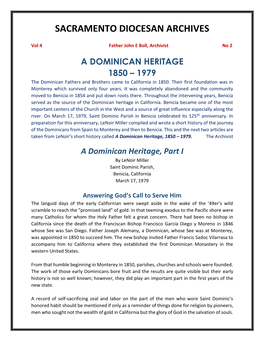 A DOMINICAN HERITAGE 1850 – 1979 the Dominican Fathers and Brothers Came to California in 1850