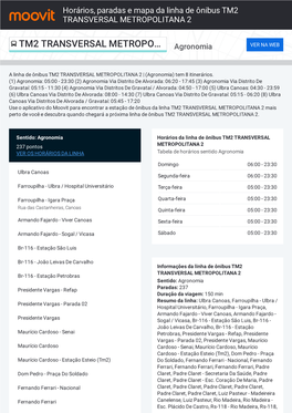 Horários, Paradas E Mapa Da Linha De Ônibus TM2 TRANSVERSAL METROPOLITANA 2