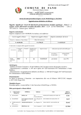 COMUNE DI FANO Provincia Di Pesaro E Urbino ------SETTORE 1° - RISORSE UMANE E TECNOLOGICHE UFFICIO APPALTI E CONTRATTI