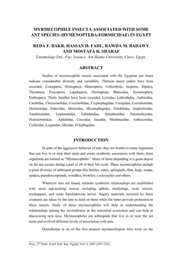 Myrmecophile Insecta Associated with Some Ant Species (Hymenoptera-Formicidae) in Egypt