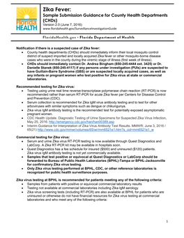 Zika Fever: Sample Submission Guidance for County Health Departments (Chds) Zio Version 2.0 (June 7, 2016)