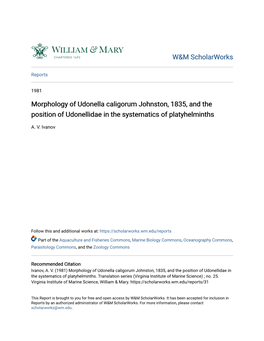 Morphology of Udonella Caligorum Johnston, 1835, and the Position of Udonellidae in the Systematics of Platyhelminths