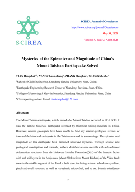 Mysteries of the Epicenter and Magnitude of China's Mount Taishan Earthquake Solved