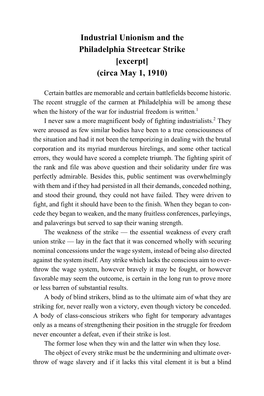 Industrial Unionism and the Philadelphia Streetcar Strike [Excerpt] (Circa May 1, 1910)