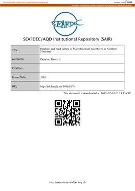 Hatchery and Pond Culture of Macrobrachium Rosenbergii in Northern Mindanao