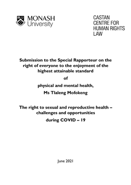 Submission to the Special Rapporteur on the Right of Everyone to the Enjoyment of the Highest Attainable Standard of Physical and Mental Health, Ms Tlaleng Mofokeng