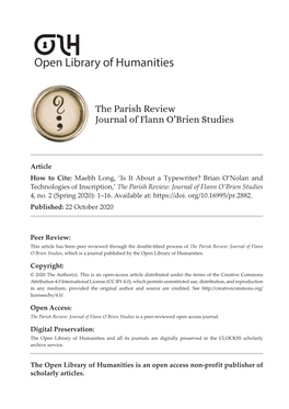 Is It About a Typewriter? Brian O’Nolan and Technologies of Inscription,’ the Parish Review: Journal of Flann O’Brien Studies 4, No