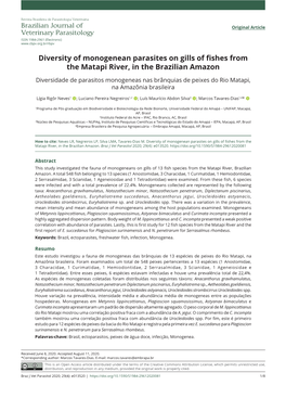 Diversity of Monogenean Parasites on Gills of Fishes from the Matapi River, in the Brazilian Amazon