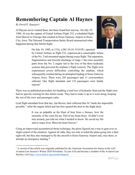 Remembering Captain Al Haynes1 by David E