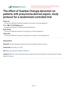 The Effect of Xuanbai Chengqi Decoction on Patients with Pneumonia-Derived Sepsis: Study Protocol for a Randomized Controlled Trial