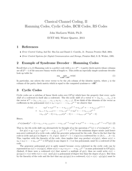 Cyclic Codes, BCH Codes, RS Codes