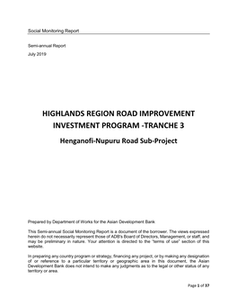 Henganofi-Nupuru Road Subproject Social Monitoring Report