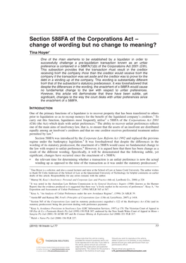 Section 588FA of the Corporations Act – Change of Wording but No Change to Meaning? Tina Hoyer*