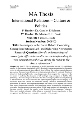 MA Thesis S2009803 International Relations Culture & Politics MA Thesis International Relations – Culture & Politics 1St Reader: Dr