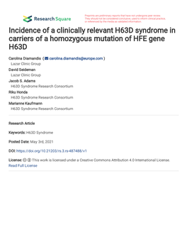 H63D Syndrome in Carriers of a Homozygous Mutation of HFE Gene H63D