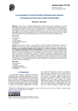 Crinoidea, Echinodermata) Research: an Example from the Lower Jurassic of Montenegro