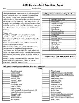 2021 Bareroot Fruit Tree Order Form