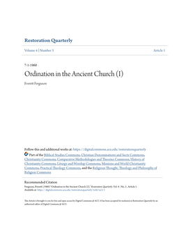 Ordination in the Ancient Church (I) Everett Ef Rguson