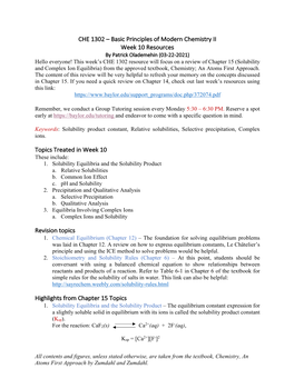 Basic Principles of Modern Chemistry II Week 10 Resources