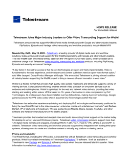 NEWS RELEASE Telestream Joins Major Industry Leaders to Offer