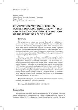 CONSUMPTION PATTERNS of FOREIGN TOURISTS in POLAND TRAVELLING with Lccs and THEIR ECONOMIC EFFECTS in the Light of the Results of a Pilot Survey