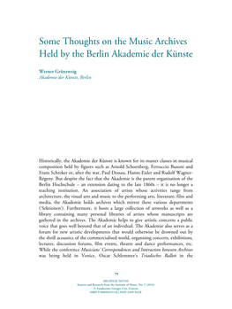 Some Thoughts on the Music Archives Held by the Berlin Akademie Der Künste