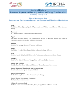 High-Level Dialogue Pandemic Response and Recovery and Africa’S Energy Transformation Wednesday, 20 May 2020