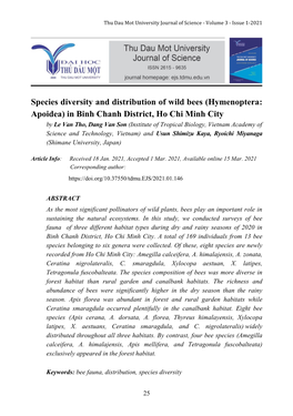 Species Diversity and Distribution of Wild Bees (Hymenoptera: Apoidea) in Binh Chanh District, Ho Chi Minh City