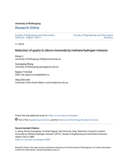 Reduction of Quartz to Silicon Monoxide by Methane-Hydrogen Mixtures