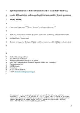 Aphid Specialization on Different Summer Hosts Is Associated with Strong