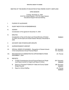 Board of Education Meeting Packet for December 21, 2004