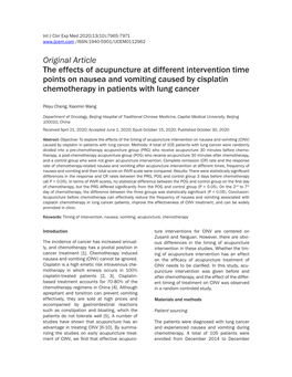 Original Article the Effects of Acupuncture at Different Intervention Time Points on Nausea and Vomiting Caused by Cisplatin Chemotherapy in Patients with Lung Cancer