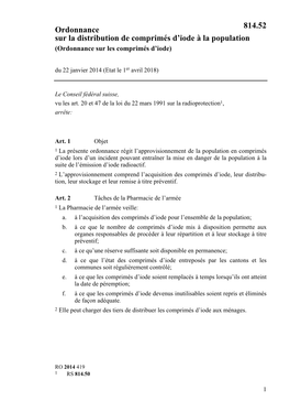 Ordonnance Sur La Distribution De Comprimés D’Iode À La Population (Ordonnance Sur Les Comprimés D’Iode) Du 22 Janvier 2014 (Etat Le 1Er Avril 2018)