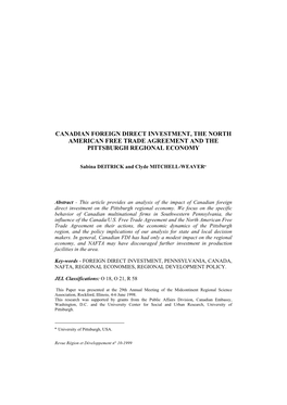 Canadian Foreign Direct Investment, the North American Free Trade Agreement and the Pittsburgh Regional Economy