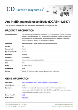 Anti-NME4 Monoclonal Antibody (DCABH-12587) This Product Is for Research Use Only and Is Not Intended for Diagnostic Use