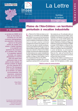 Plaine De L'ain-Côtière : Un Territoire N° 192 - Mars 2013 Périurbain À Vocation Industrielle