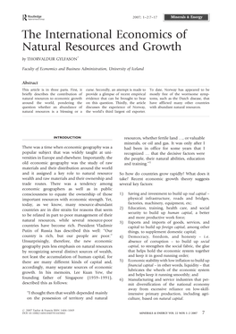 The International Economics of Natural Resources and Growth by THORVALDUR GYLFASON*