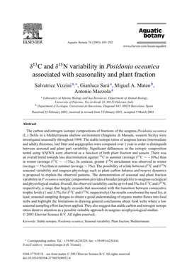 Δ13c and Δ15n Variability in Posidonia Oceanica Associated with Seasonality and Plant Fraction Salvatrice Vizzini A,∗, Gianluca Sarà A, Miguel A