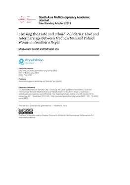 South Asia Multidisciplinary Academic Journal , Free-Standing Articles Crossing the Caste and Ethnic Boundaries: Love and Intermarriage Between Madh