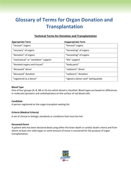 Glossary of Terms for Organ Donation and Transplantation