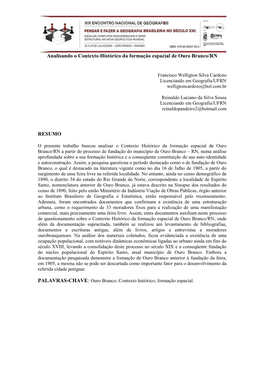 Analisando O Contexto Histórico Da Formação Espacial De Ouro Branco/RN