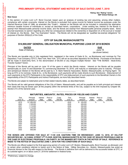 Preliminary Official Statement and Notice of Sale Dated June 7, 2018