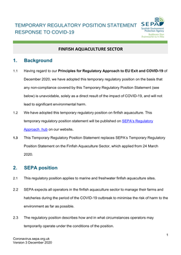 Temporary Regulatory Position Statement Finfish Aquaculture