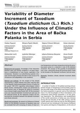 (Taxodium Distichum (L.) Rich.) Under the Influence of Climatic Factors in the Area of Bačka Palanka in Serbia