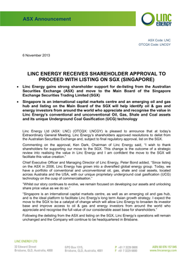 ASX Announcement LINC ENERGY RECEIVES