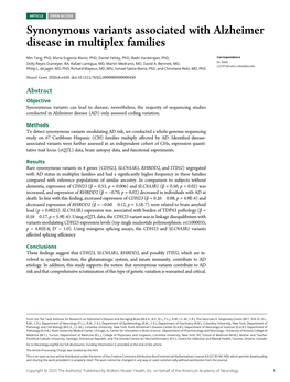 Synonymous Variants Associated with Alzheimer Disease in Multiplex Families