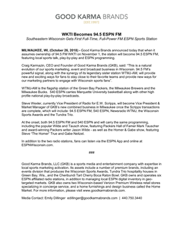 WKTI Becomes 94.5 ESPN FM Southeastern Wisconsin Gets First Full-Time, Full-Power FM ESPN Sports Station